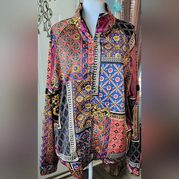 Urban Outfitters Scarf Print Bomber Jacket Mens L Multi Color Satiny Baggy ZipUp - Picture 2 of 15